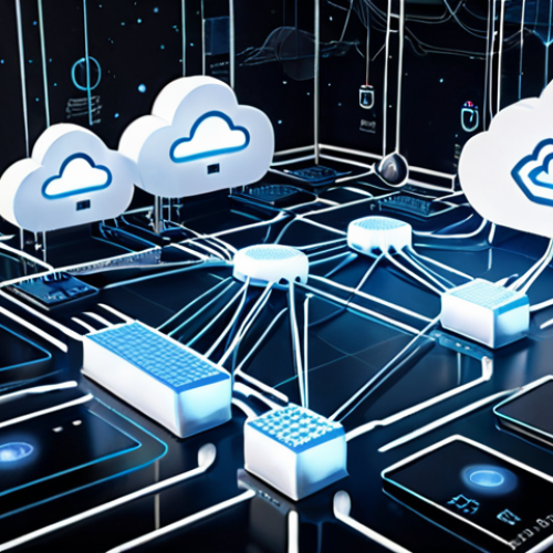 "A modern IT architecture diagram showcasing microservices connecting via APIs in a cloud computing environment, emphasizing flexibility and scalability, with data security overlays. Concept art, digital illustration."