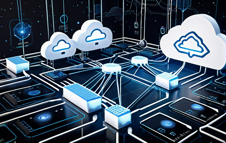 "A modern IT architecture diagram showcasing microservices connecting via APIs in a cloud computing environment, emphasizing flexibility and scalability, with data security overlays. Concept art, digital illustration."
