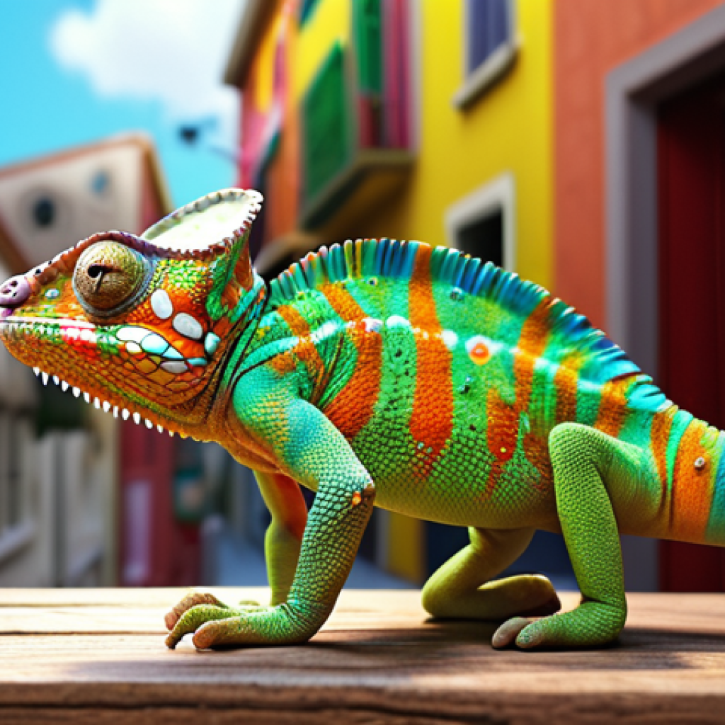 **A chameleon adapting to different environments, symbolizing a leader adapting to rapidly changing market conditions and new technologies. Bright, vibrant colors.**