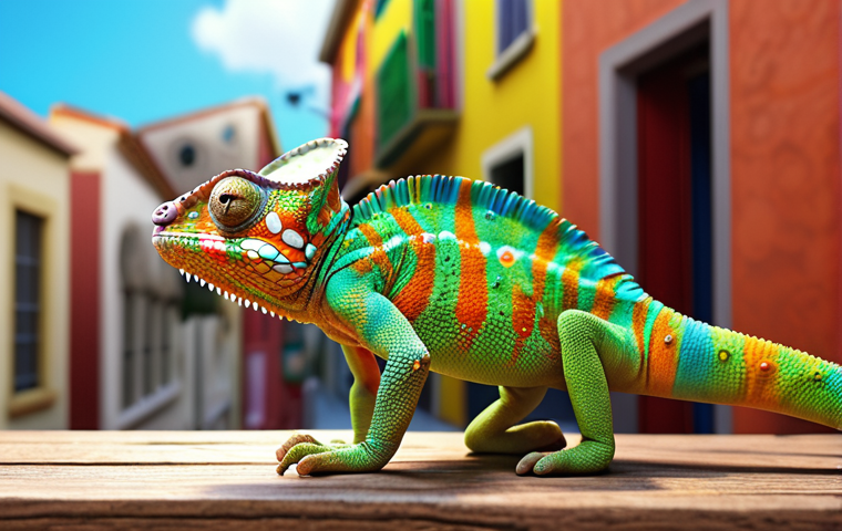 **A chameleon adapting to different environments, symbolizing a leader adapting to rapidly changing market conditions and new technologies. Bright, vibrant colors.**