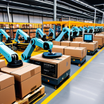 **Automated E-commerce:** A bustling e-commerce warehouse with robotic arms efficiently packing boxes. In the foreground, an AI interface displays product descriptions being automatically generated. Convey a sense of streamlined efficiency and technological advancement.