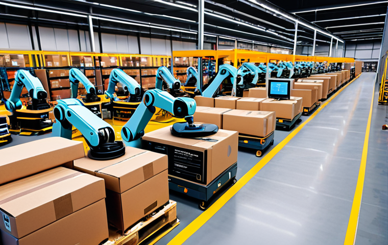 **Automated E-commerce:** A bustling e-commerce warehouse with robotic arms efficiently packing boxes. In the foreground, an AI interface displays product descriptions being automatically generated. Convey a sense of streamlined efficiency and technological advancement.