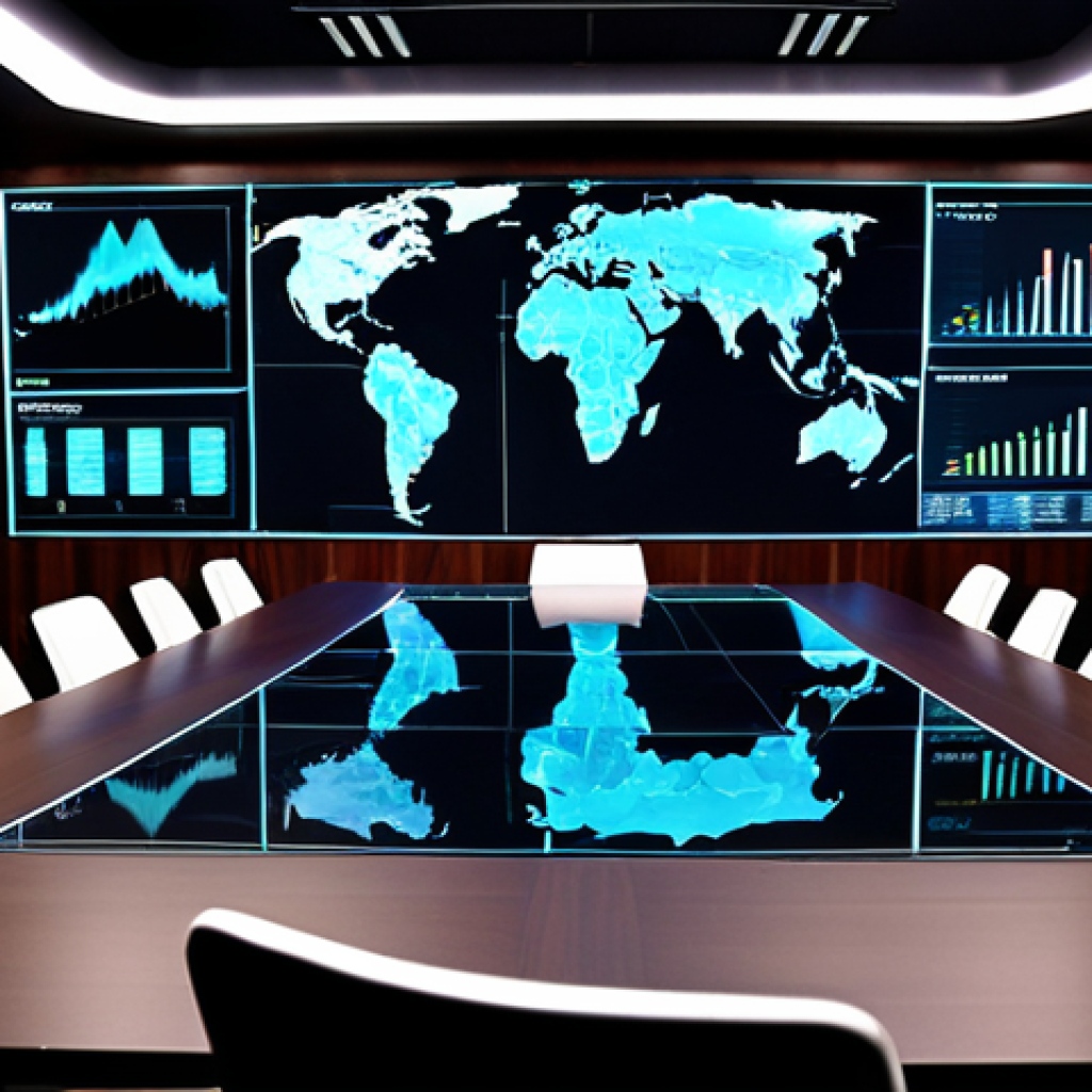 **

A sleek boardroom, holographic AI interface projected above a polished table where executives are seated. The AI displays data visualizations of market trends and sales predictions. Emphasis on a modern, professional setting.

**