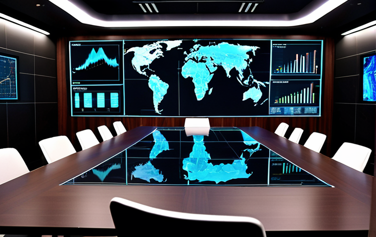 **
A sleek boardroom, holographic AI interface projected above a polished table where executives are seated. The AI displays data visualizations of market trends and sales predictions. Emphasis on a modern, professional setting.
**
