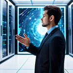 A professional data architect, fully clothed in a modest business suit, standing in a futuristic, luminous data center. Holographic displays float around, showing complex data streams, intricate neural networks, and abstract cloud computing symbols. The individual is looking at a dynamic data visualization, symbolizing intelligent data management and automation. Perfect anatomy, natural pose, correct proportions, well-formed hands, proper finger count, natural body proportions, professional photography, high quality, safe for work, appropriate content, modest, family-friendly.