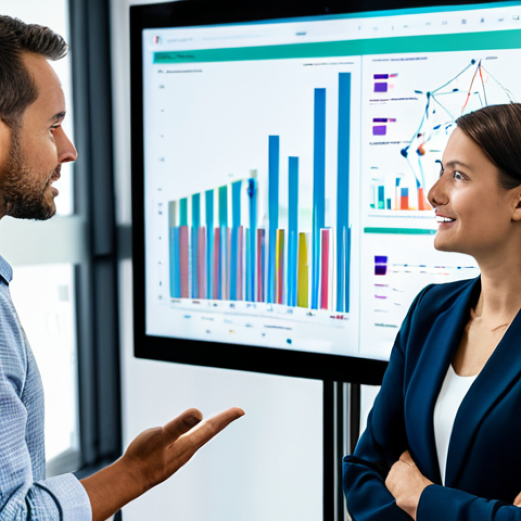 A professional marketing strategist, fully clothed in a modest business blazer, stands confidently in a bright, contemporary office setting. She gestures towards a large, transparent digital screen displaying complex data visualizations and intertwined network graphs, symbolizing the power of AI in understanding consumer behavior. Around her, a diverse team of colleagues, dressed in appropriate business attire, are engaged in collaborative discussion, reflecting transparent communication and authentic teamwork. The scene highlights a data-driven approach and community building, with perfect anatomy, correct proportions, well-formed hands, natural pose, and natural body proportions. This image is safe for work, appropriate content, and family-friendly.