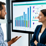 A professional marketing strategist, fully clothed in a modest business blazer, stands confidently in a bright, contemporary office setting. She gestures towards a large, transparent digital screen displaying complex data visualizations and intertwined network graphs, symbolizing the power of AI in understanding consumer behavior. Around her, a diverse team of colleagues, dressed in appropriate business attire, are engaged in collaborative discussion, reflecting transparent communication and authentic teamwork. The scene highlights a data-driven approach and community building, with perfect anatomy, correct proportions, well-formed hands, natural pose, and natural body proportions. This image is safe for work, appropriate content, and family-friendly.