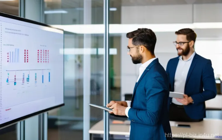 4차 산업혁명과 경영 - **Subject:** A diverse group of young professionals (men and women, appearing 25-45 years old) activ...