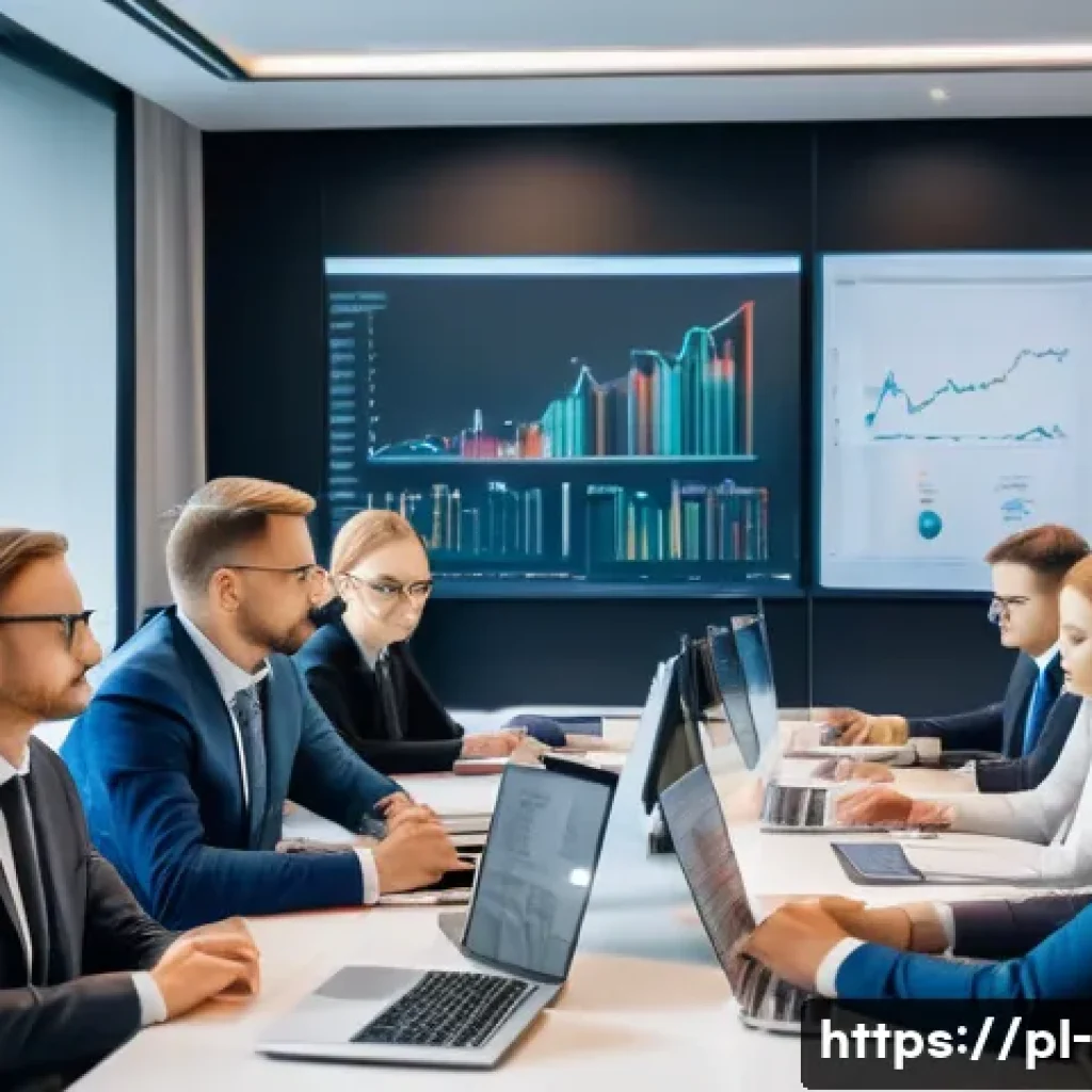 경영학과 경제학의 경계 - A modern Polish business office scene showing a diverse team of professional managers and economists...