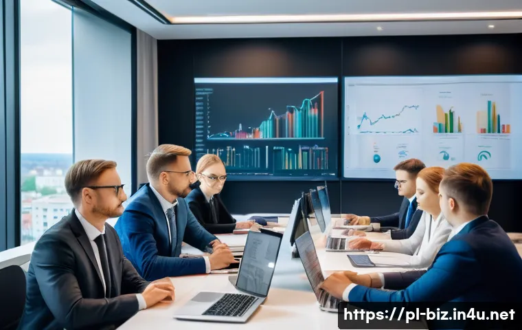 경영학과 경제학의 경계 - A modern Polish business office scene showing a diverse team of professional managers and economists...