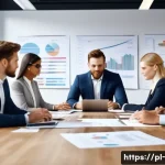 경영학 사례 연구 - A modern office scene showing a diverse business team engaged in a strategic case study discussion a...