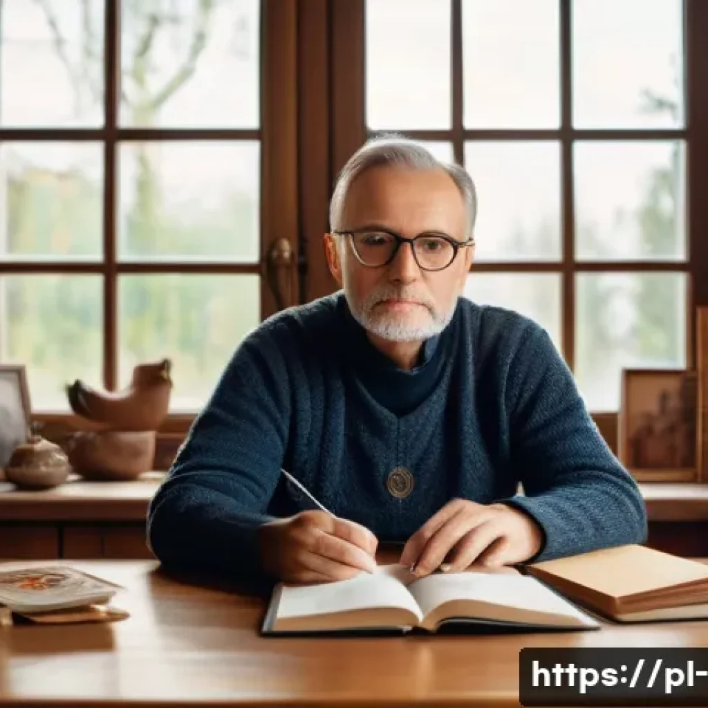 윤리적 의사결정 - A thoughtful middle-aged Polish man in a cozy, traditional living room decorated with folk art and f...