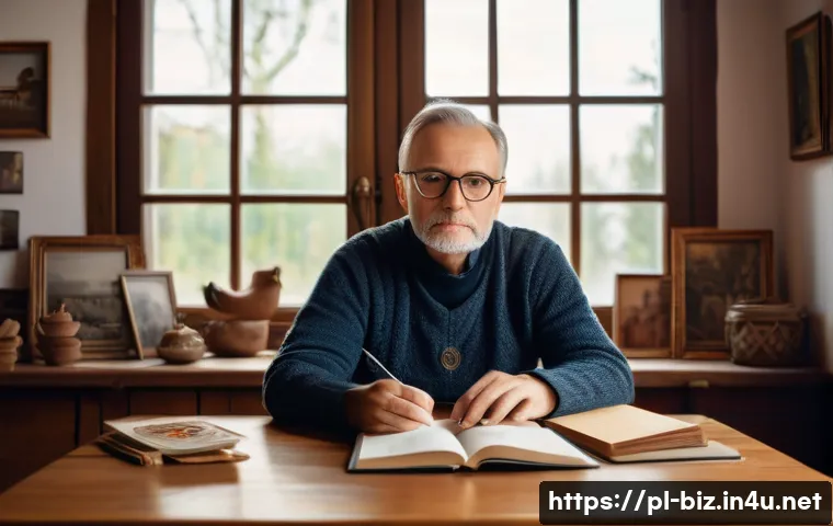 윤리적 의사결정 - A thoughtful middle-aged Polish man in a cozy, traditional living room decorated with folk art and f...