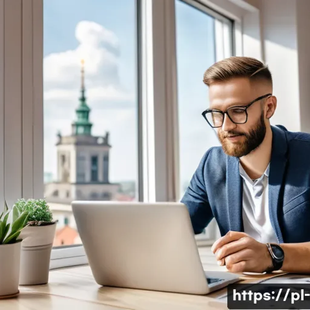 창업과 기술 혁신 - A modern Polish entrepreneur in a bright, stylish home office setting, engaging with social media on...