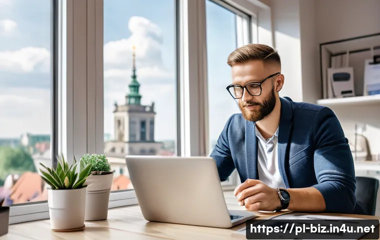 창업과 기술 혁신 - A modern Polish entrepreneur in a bright, stylish home office setting, engaging with social media on...