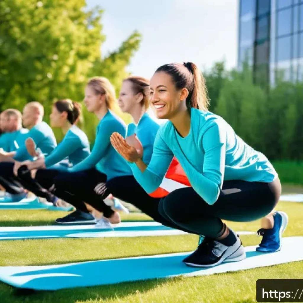 보상 및 복리후생 - 2. An active corporate wellness event in Poland featuring a group of employees participating in a mo...